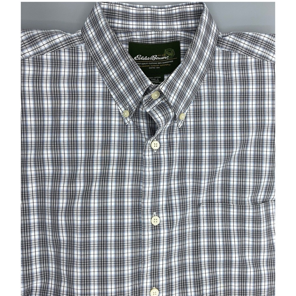 Eddie Bauer Long Sleeve Button Down Shirt Mens Large Grey Plaid Cotton Size L